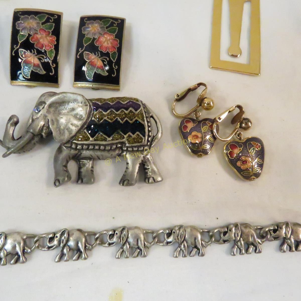 Cloissone style & Elephant jewelry grouping