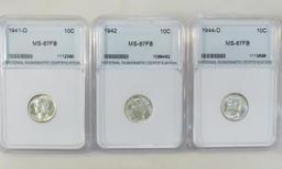 1941D, 42, 44D NNC graded MS-67FB Mercury Dimes