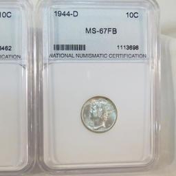 1941D, 42, 44D NNC graded MS-67FB Mercury Dimes