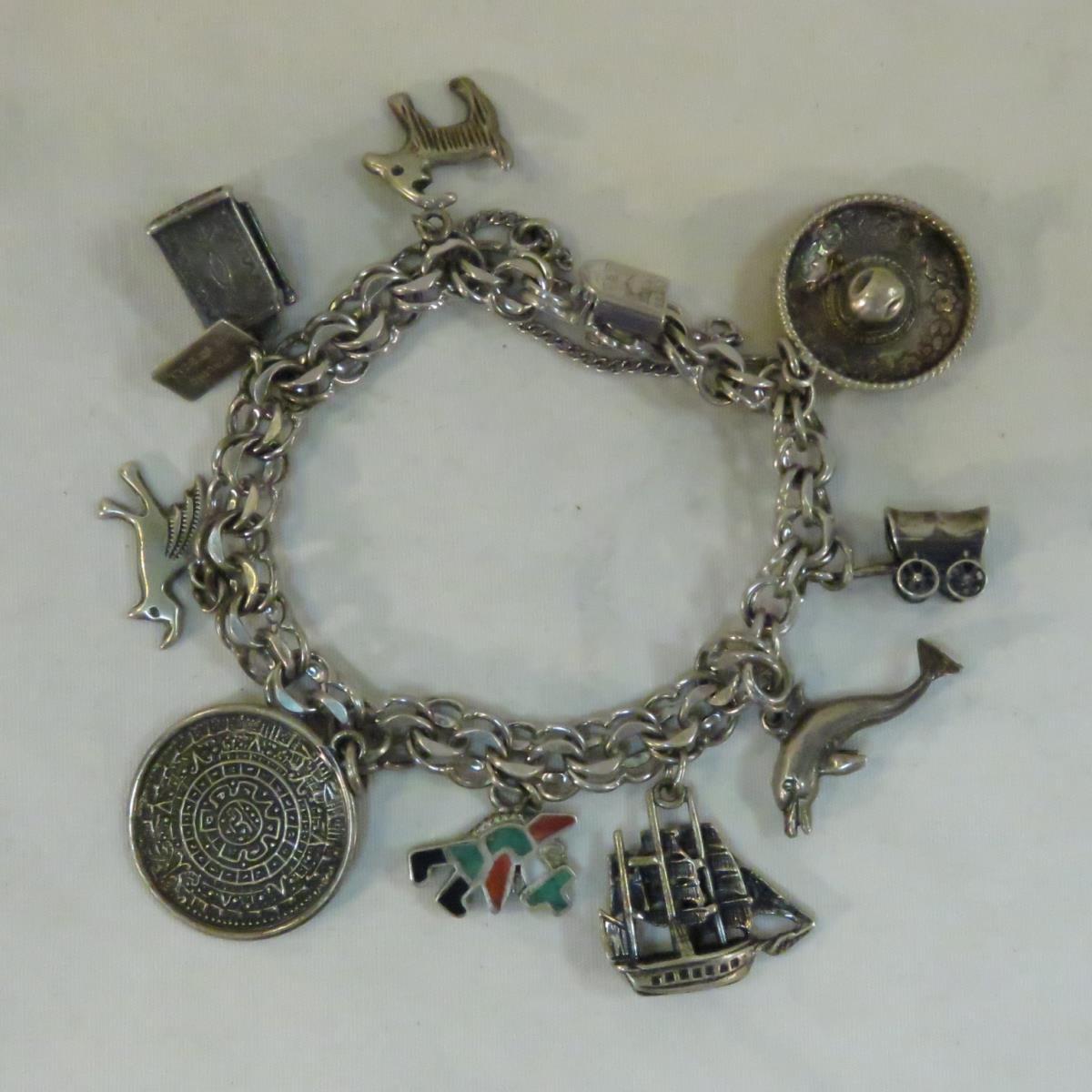 Sterling Silver Charm Bracelet & 2 pins 46gtw