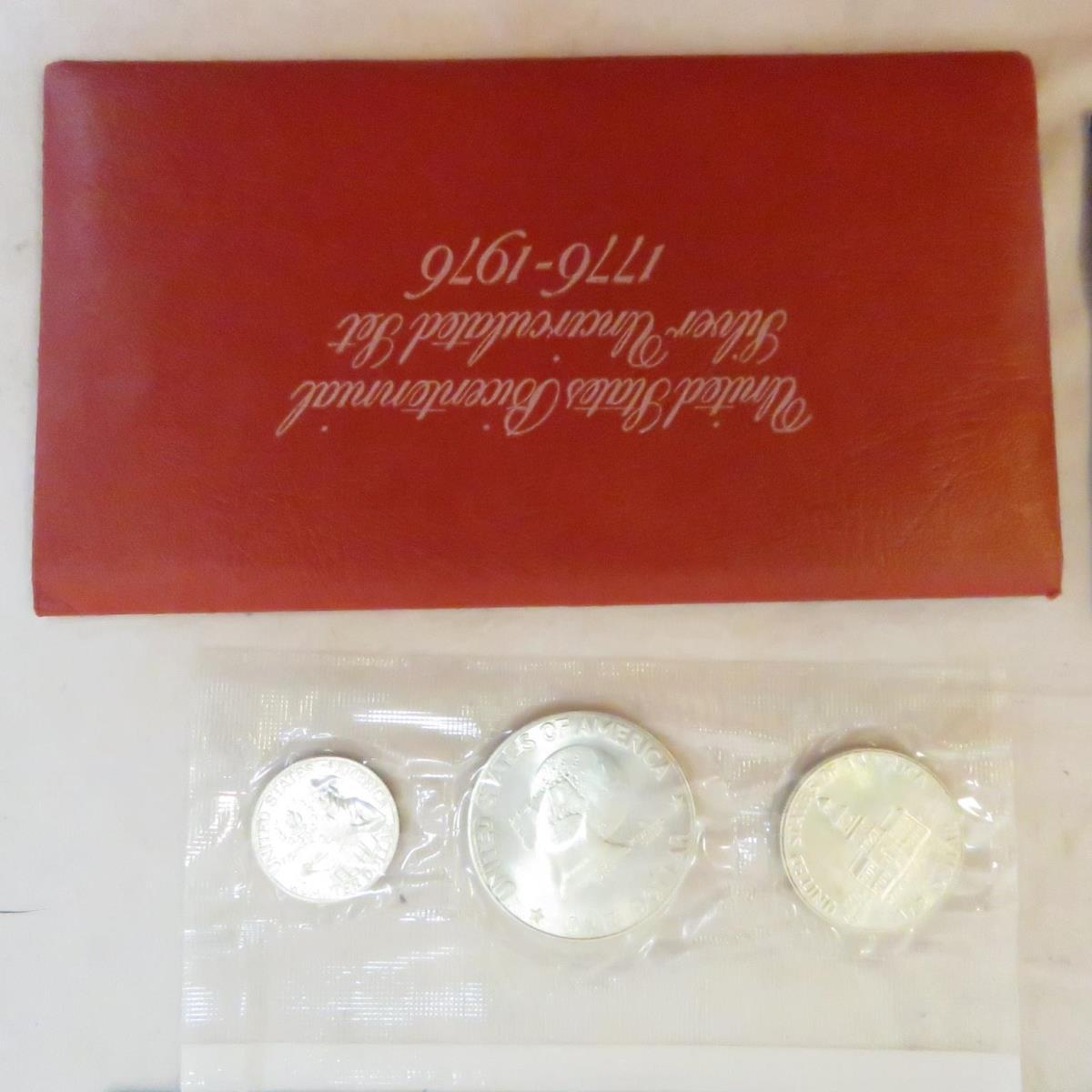 3 1971 UNC Eisenhower dollars & 1976 silver set