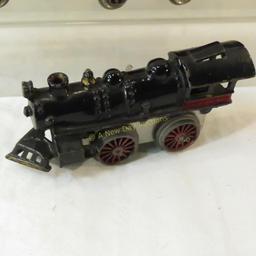 Pre-war Ives cast iron windup engine & 3 tin cars