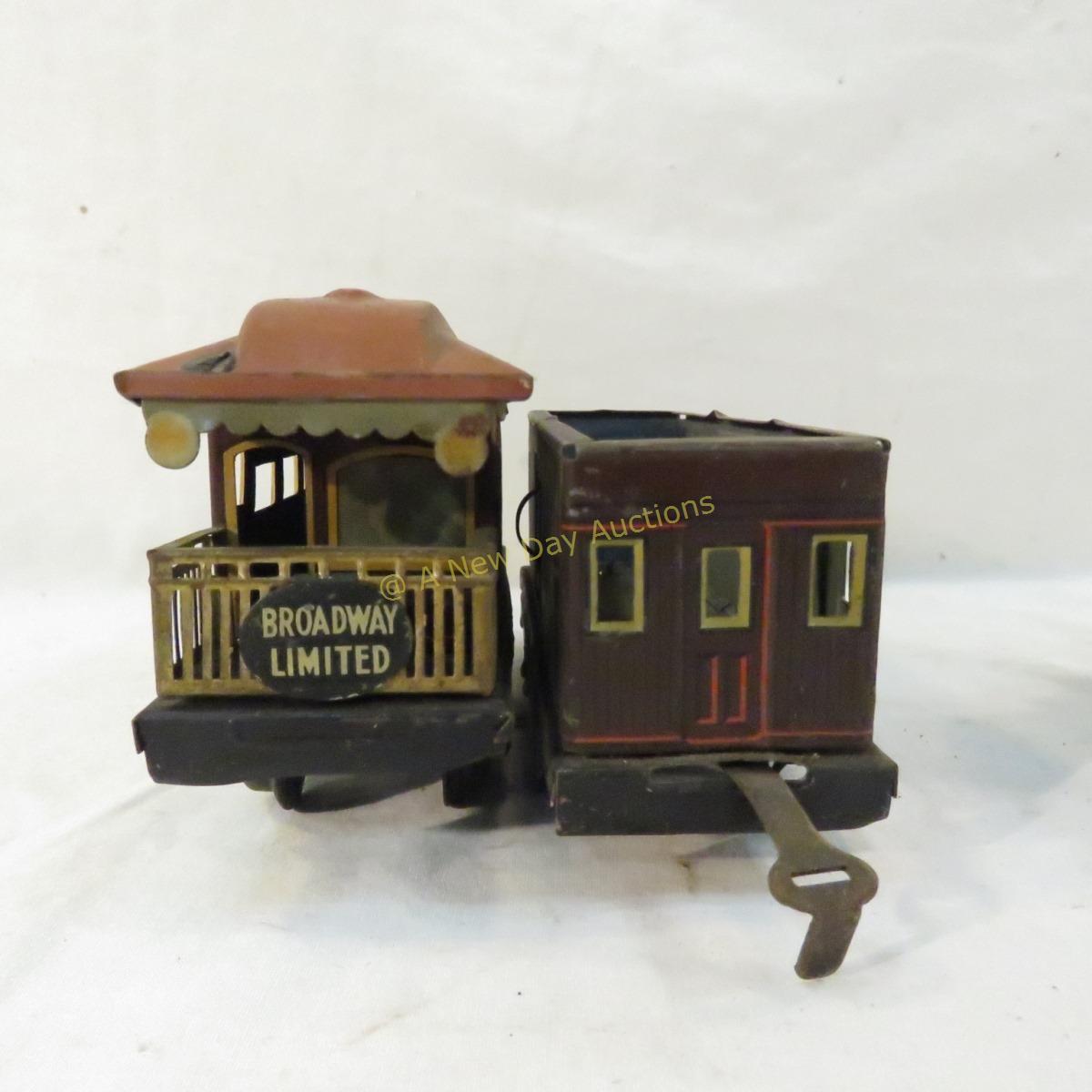 Pre-war Bing cast iron engine, tin tenders & cars