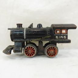 Pre-war Bing cast iron engine, tin tenders & cars