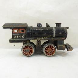 Pre-war Bing cast iron engine, tin tenders & cars