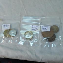 Foreign coins and 1 die cast corvette