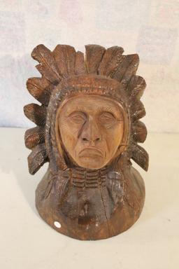 Large Carved Wooden Native American Indian Chief Bust 18" Tall x 12" Wide