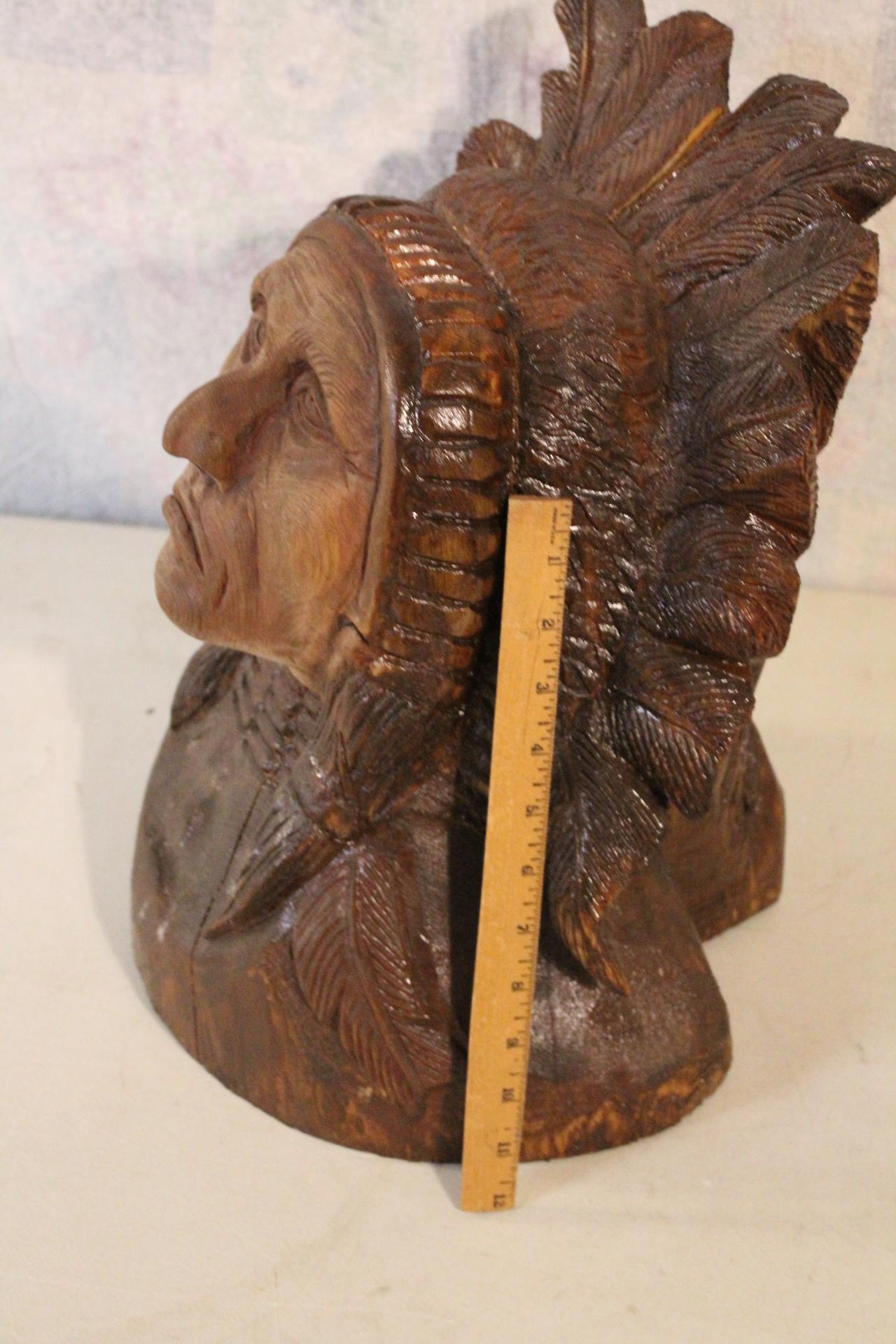 Large Carved Wooden Native American Indian Chief Bust 18" Tall x 12" Wide