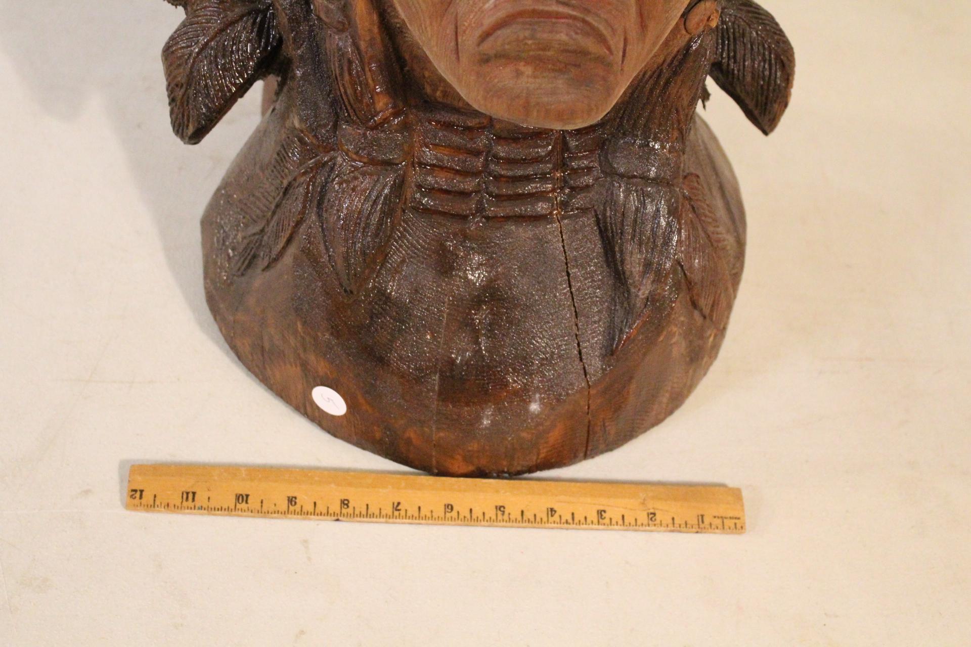 Large Carved Wooden Native American Indian Chief Bust 18" Tall x 12" Wide