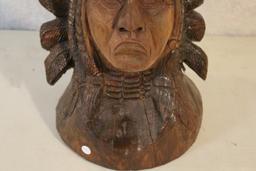 Large Carved Wooden Native American Indian Chief Bust 18" Tall x 12" Wide