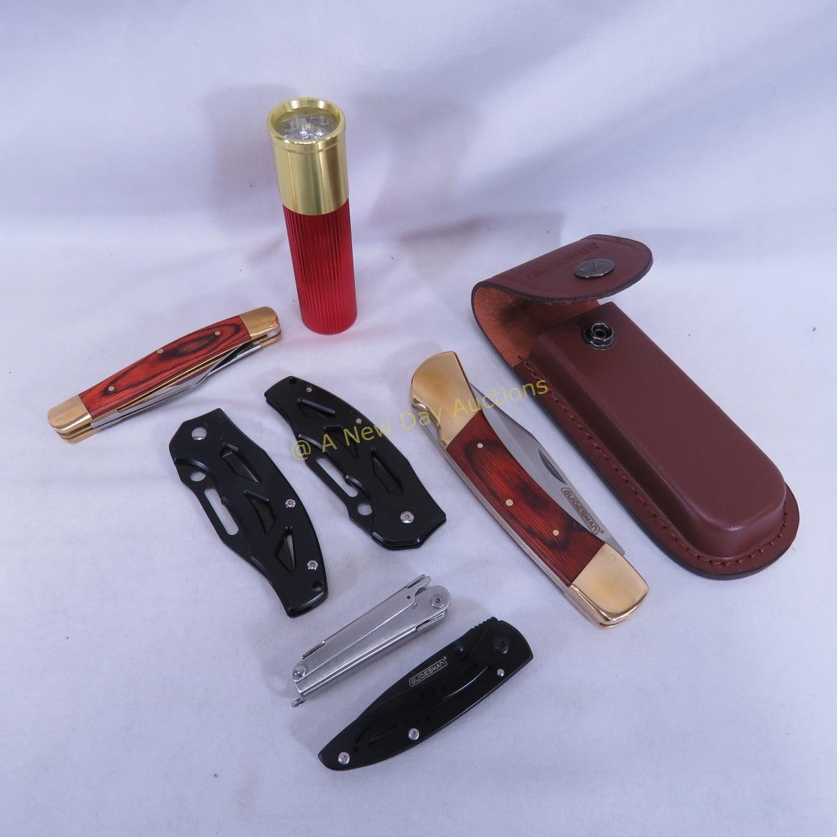 5 Guidesman Knives- 1 w/sheath & flashlight