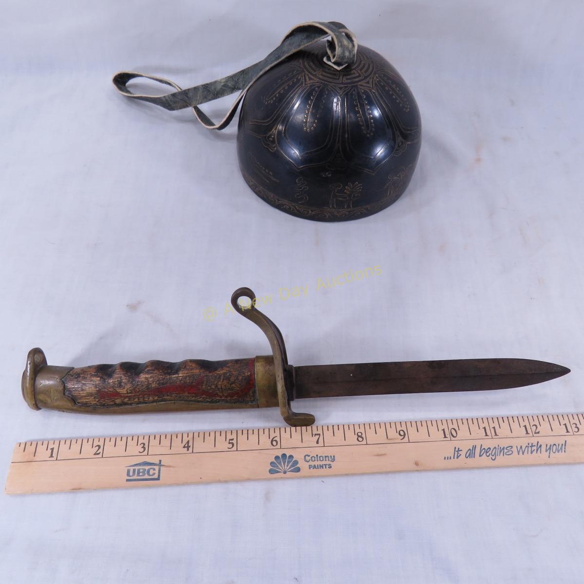 Asian bell and unmarked bayonet/knife