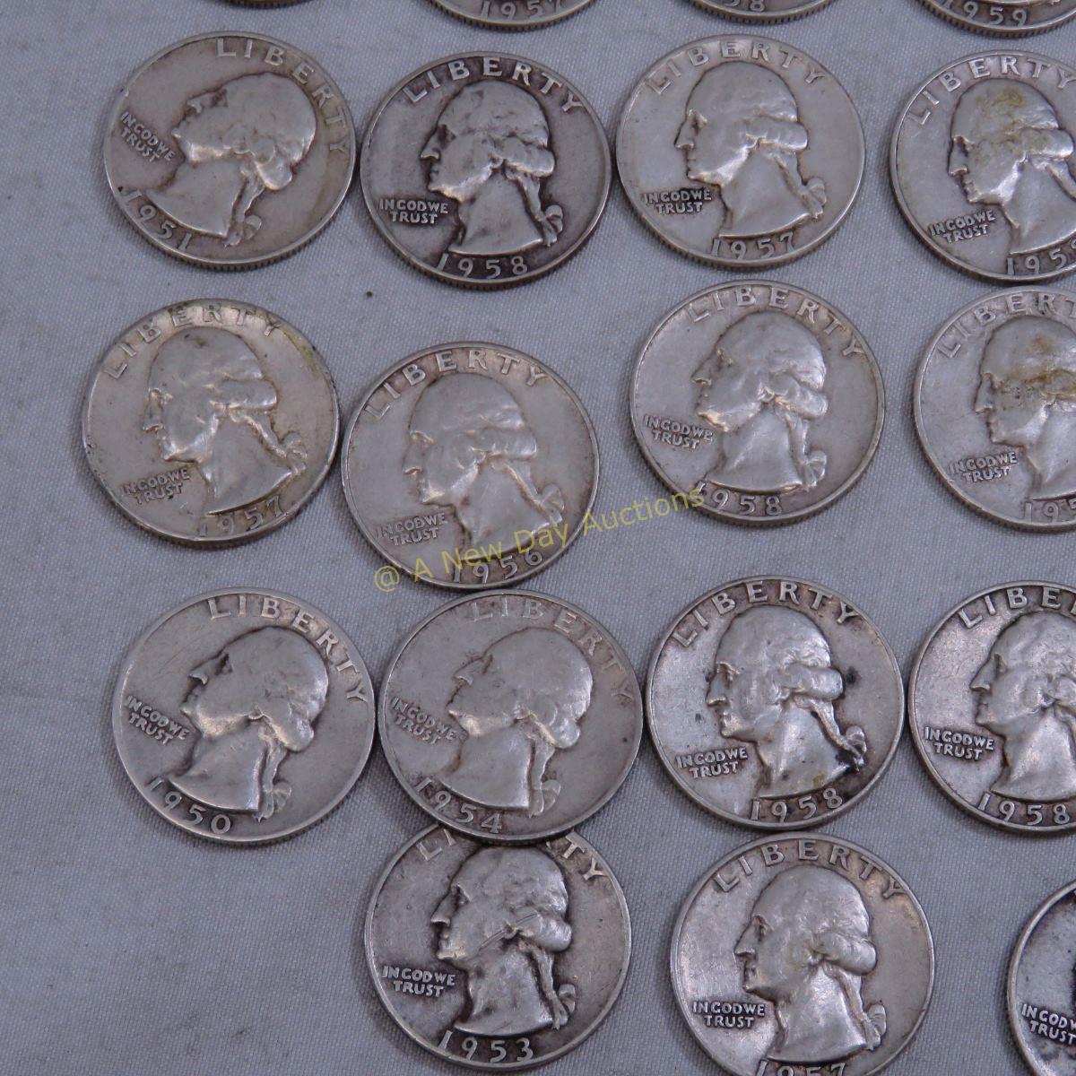 $10 Face 1950's Silver Washington Quarters