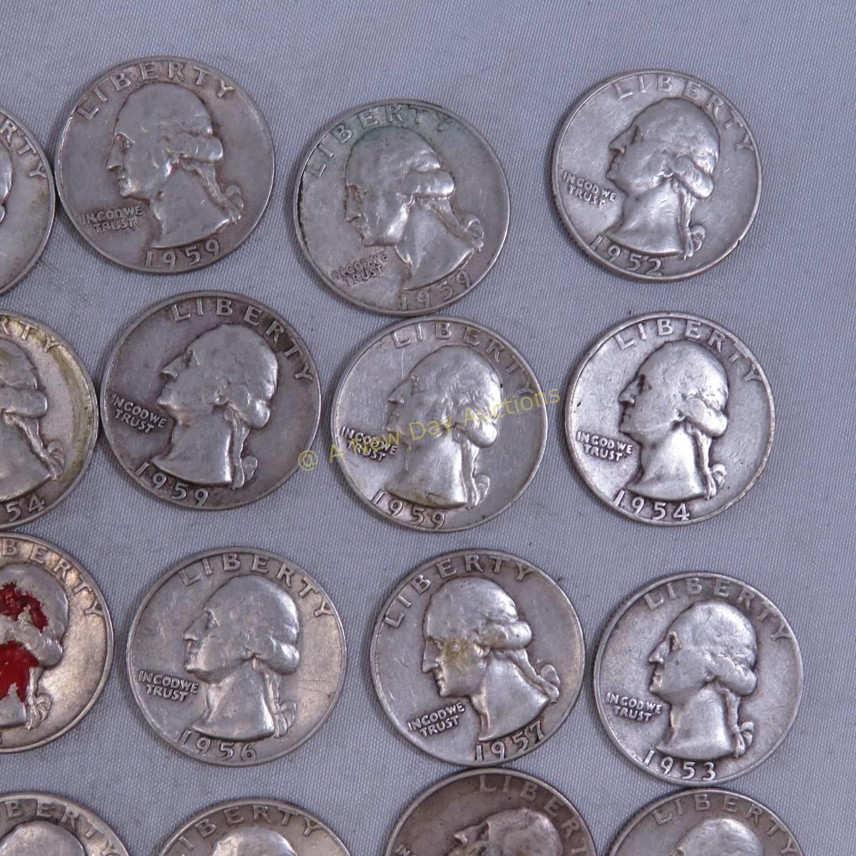 $10 Face 1950's Silver Washington Quarters