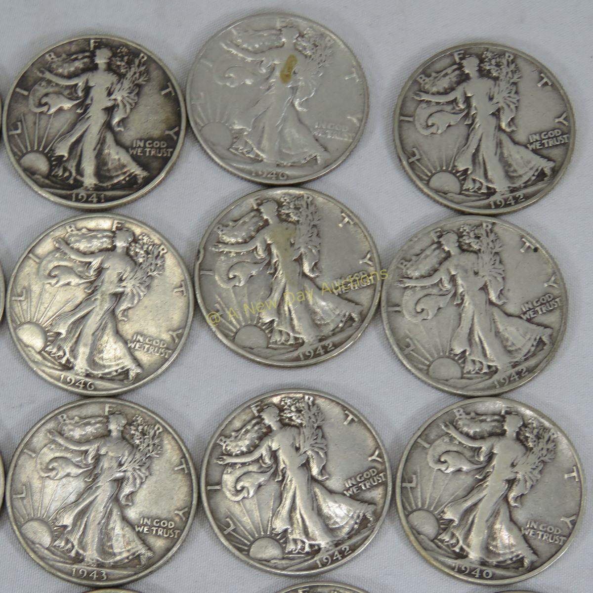 $10 Face 1940s Walking Liberty Silver Half Dollars