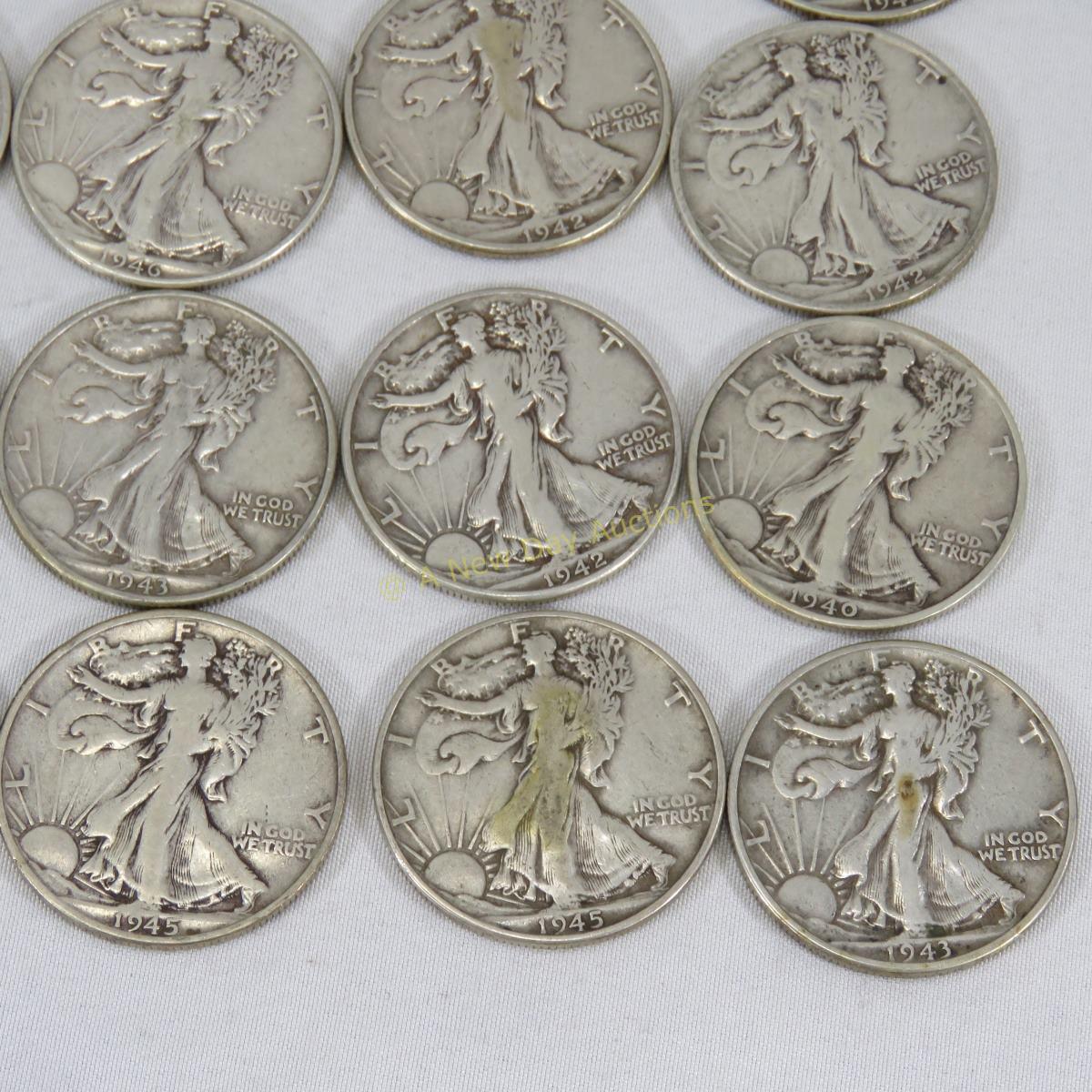 $10 Face 1940s Walking Liberty Silver Half Dollars