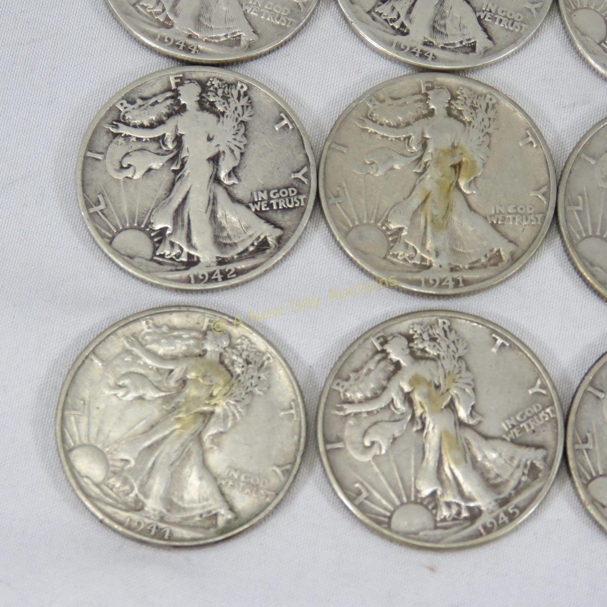 $10 Face 1940s Walking Liberty Silver Half Dollars