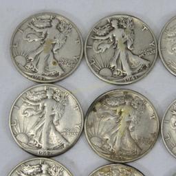 $10 Face 1940s Walking Liberty Silver Half Dollars
