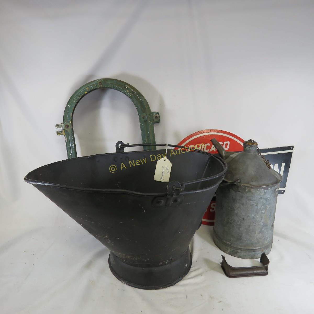 C&NW coal bucket, oil can, sign and more