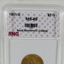 1901 S $5 Gold Liberty Head RNG graded MS-65