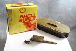 Shell Oil Tin Brass Cigarette Auger Bakelite Box