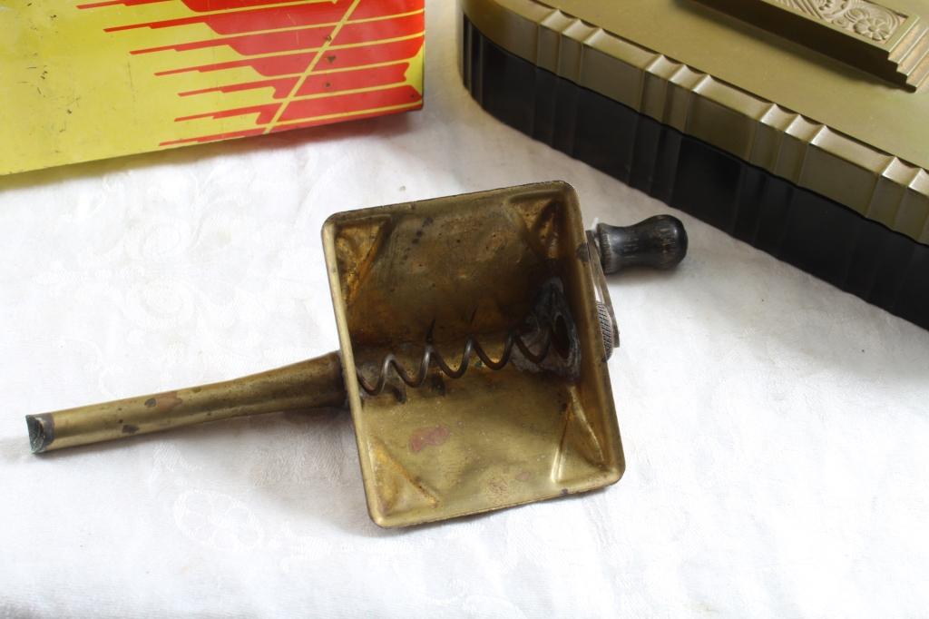 Shell Oil Tin Brass Cigarette Auger Bakelite Box