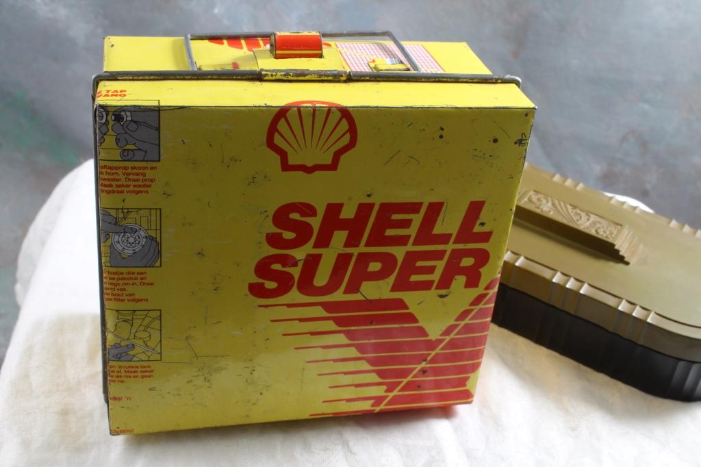 Shell Oil Tin Brass Cigarette Auger Bakelite Box