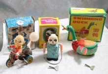 3 Wind-Up Tin Litho Toys in Boxes Clown Tricycle