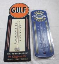 2 Advertising Metal Thermometers Gulf & Chevrolet
