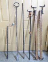 3 Pry Bars & 2 antique wooden & 1 metal clamp