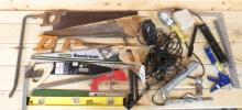 Assorted Saws, Crow Bar, Grease Guns, Light & More