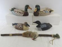 4 painted duck decoys and native style pipe