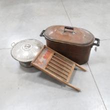 Antique Copper Tub, Pan with Lid & Washboard