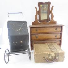 Vintage Doll dresser, buggy, & case