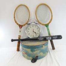 Tennis Rackets, Stetson box, bat, clock