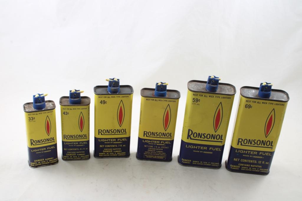 6 Ronsonol Lighter Fluid Empty Tin Cans