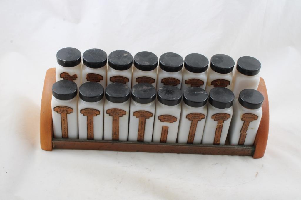 16 Griffith Milk Glass Spice Jars in Wooden Rack