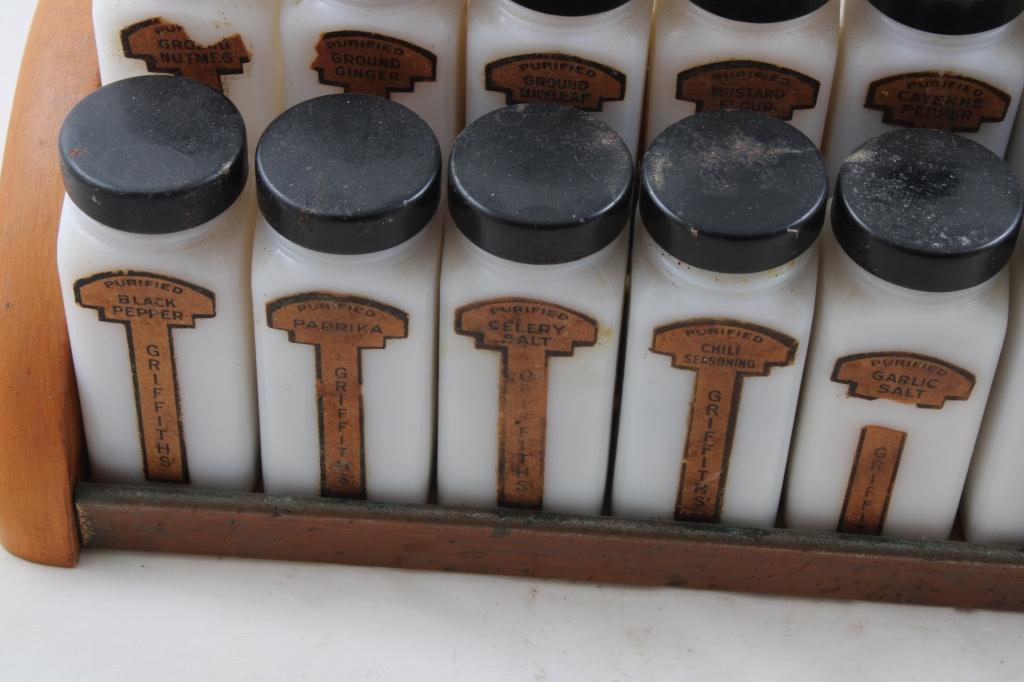 16 Griffith Milk Glass Spice Jars in Wooden Rack