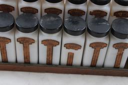 16 Griffith Milk Glass Spice Jars in Wooden Rack