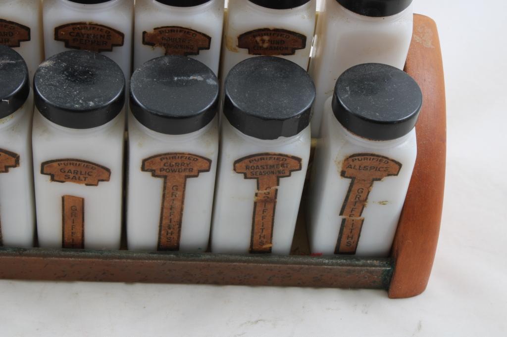 16 Griffith Milk Glass Spice Jars in Wooden Rack