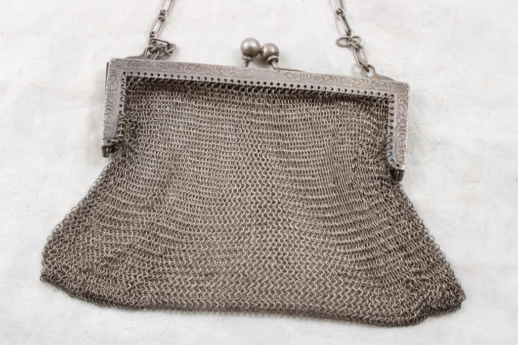 Sterling Silver Chatelaine Mesh Purse Embossed