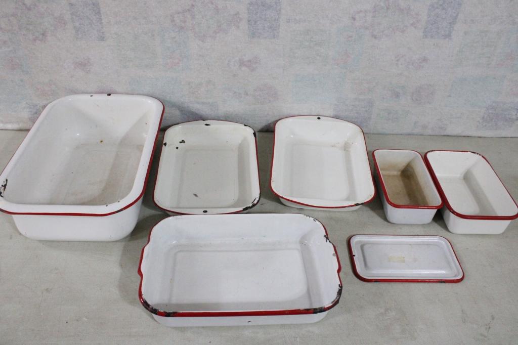 Farmhouse Decor White Enamelware w/Red Trim Lot