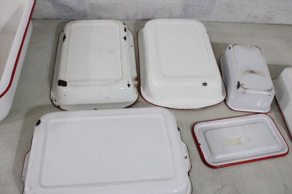 Farmhouse Decor White Enamelware w/Red Trim Lot