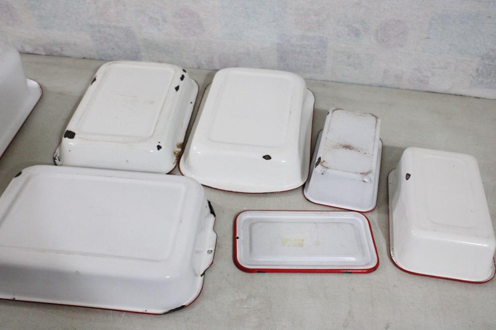 Farmhouse Decor White Enamelware w/Red Trim Lot