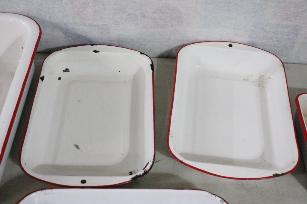 Farmhouse Decor White Enamelware w/Red Trim Lot