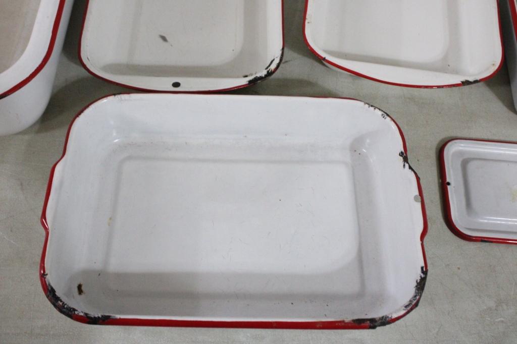 Farmhouse Decor White Enamelware w/Red Trim Lot