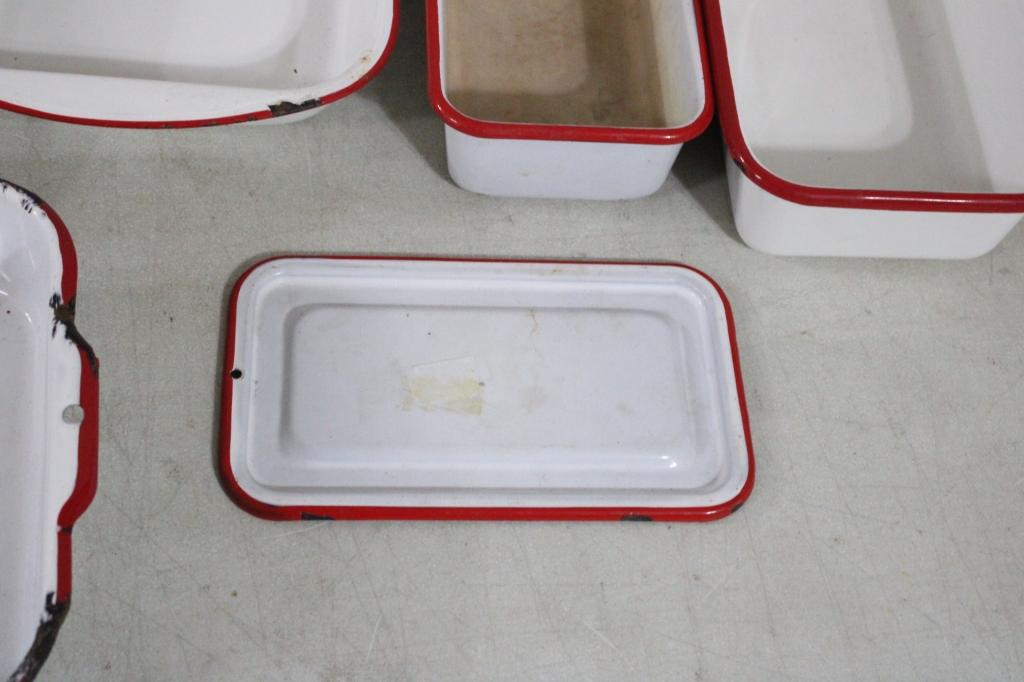 Farmhouse Decor White Enamelware w/Red Trim Lot