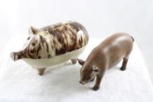 Stoneware Pig Bank, Folk Art Carved Wood Pig