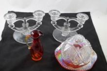 Antique Glass Butter Dish, Pitcher & Candleholders