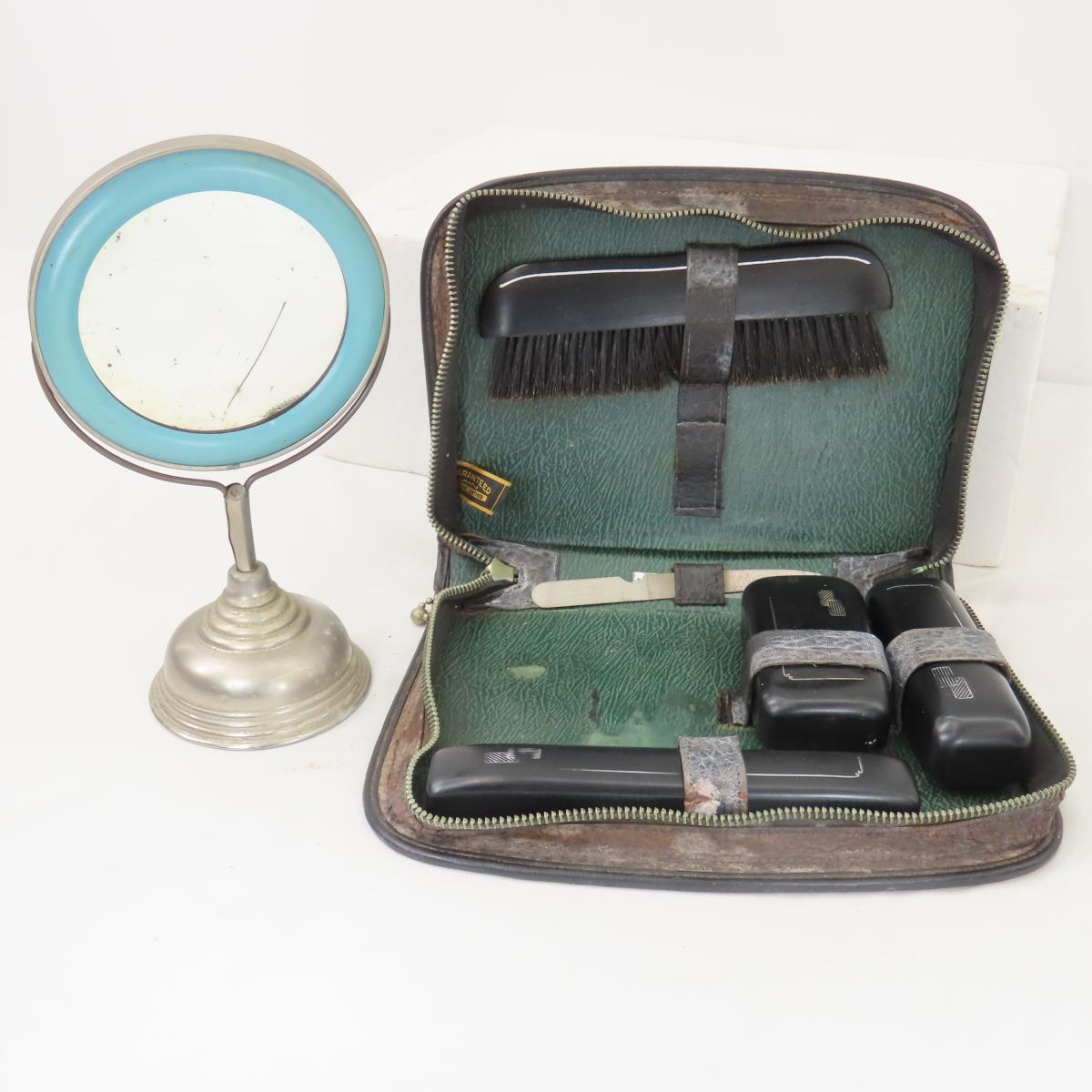 Antique Men's Dop Kit, Mirror, Razors, & More